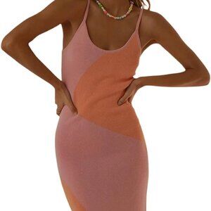 Knit Bodycon Dress for Women Sleeveless Spaghetti Strap Pink & Orange